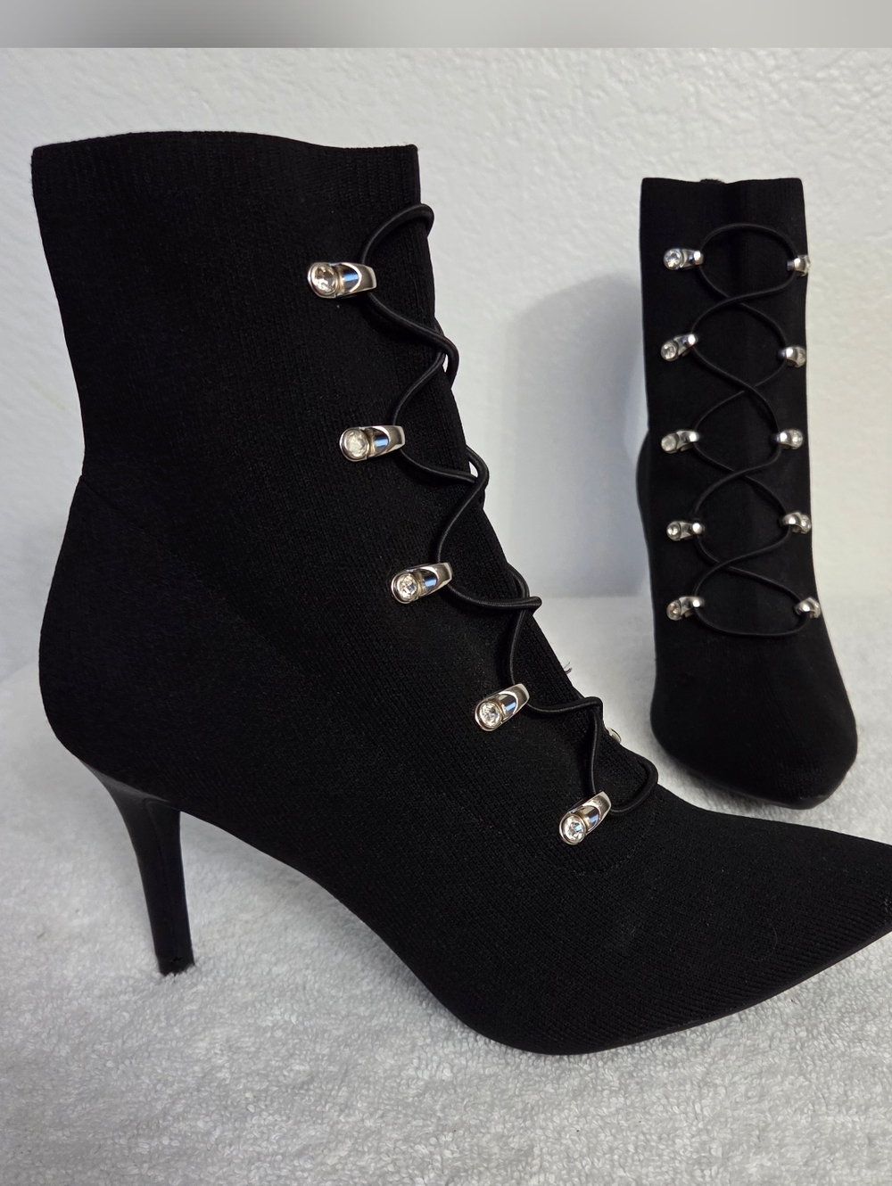 Sugar Tanikka Black Ankle Sock Rhinestone Stiletto Heel Booties Women's Size 7.5